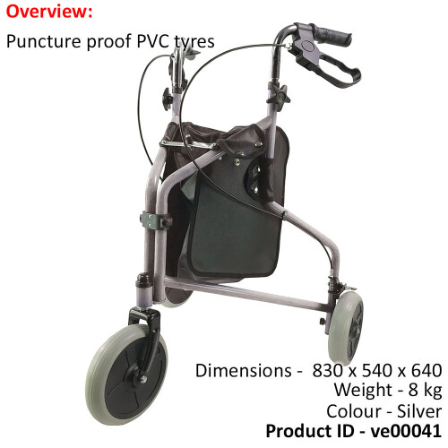 Loops Silver Three Wheeled Steel Tri-Walker - Height Adjustable - 115kg Weight Limit 1