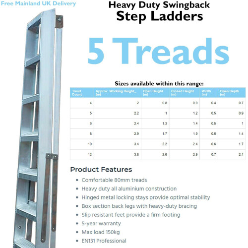 Loops 1m Aluminium Swingback Step Ladders -5 Tread- Professional Lightweight Steps 1