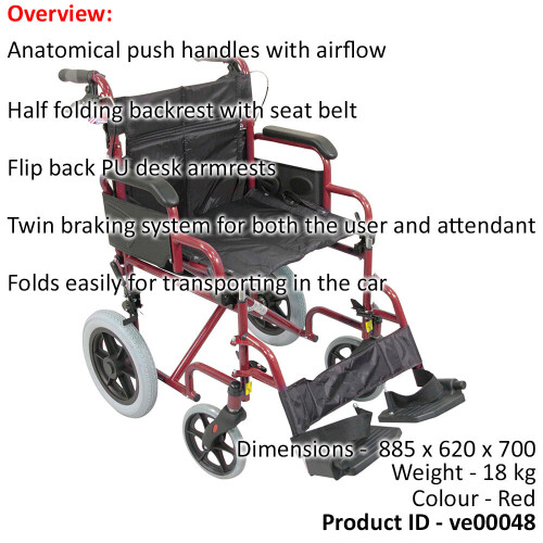 Loops Deluxe Attendant Propelled Steel Wheelchair - Compact Foldable Design - Red 1