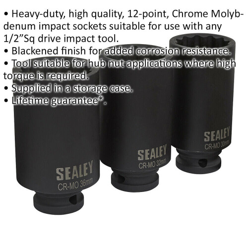 Loops 3 PACK - 30mm 32mm 36mm DEEP Impact Socket Set - 1/2" Square Drive - 12 Point 1