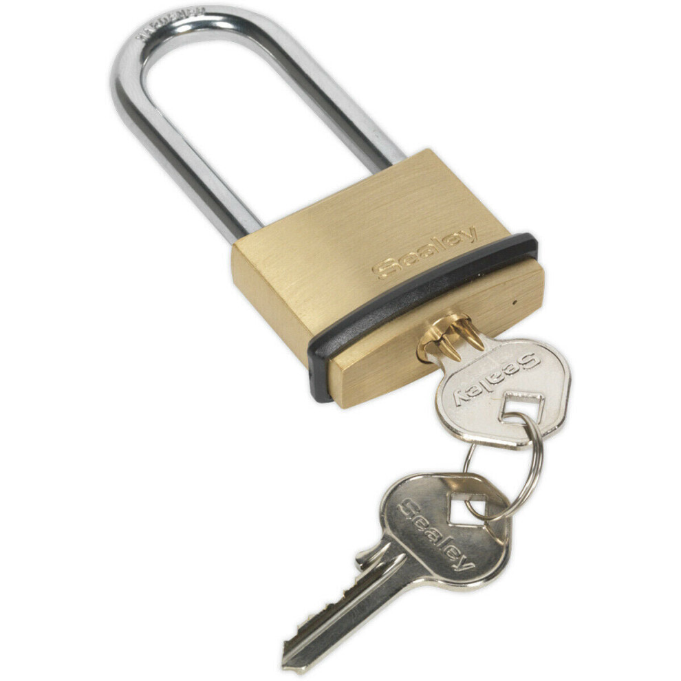 40mm Brass Padlock 6.5mm Hardened LONG SHACKLE - 2 Key Anti Scuff Rubber Bumper