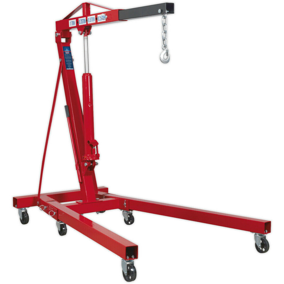 1 Tonne Folding Engine Crane - Side Pump Access - Heavy Duty Castors - Workshop