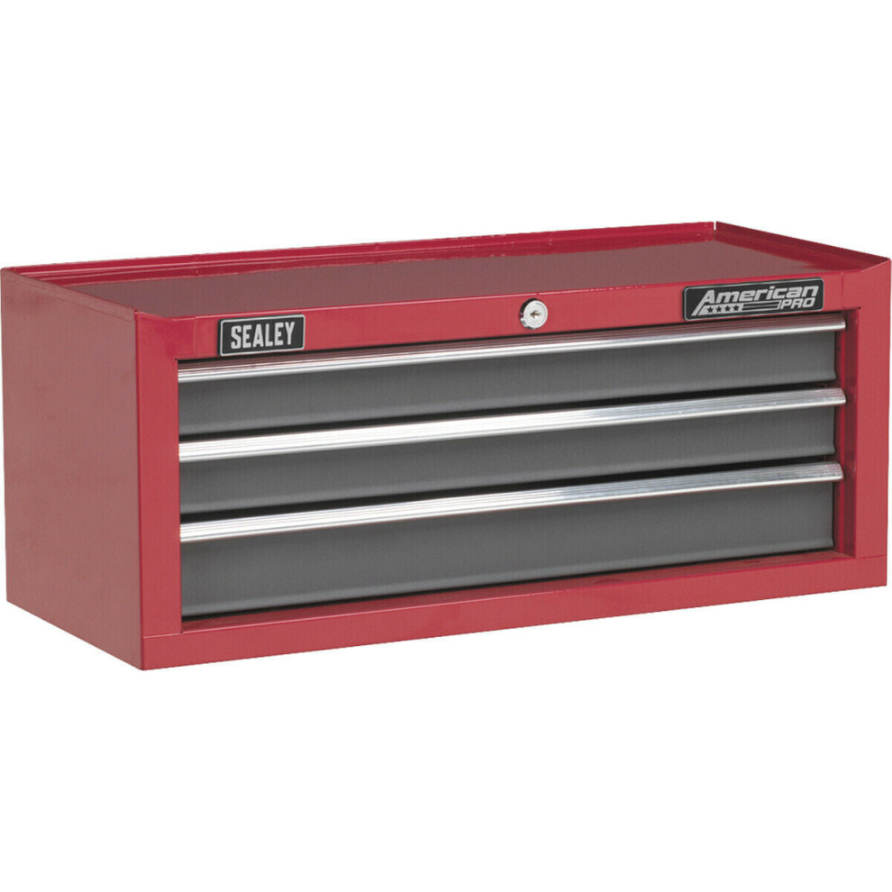 605 X 260 X 250Mm Red 3 Drawer Mid-Box Tool Chest Lockable Storage Unit Cabinet 5056524256794