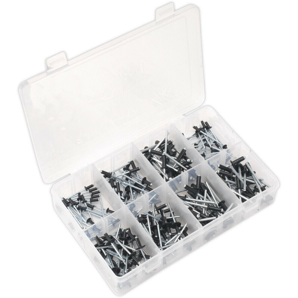 200 Pack - Assorted Size Rivets - Black Anodised - Standard & Large Flange Pins 5056524238226