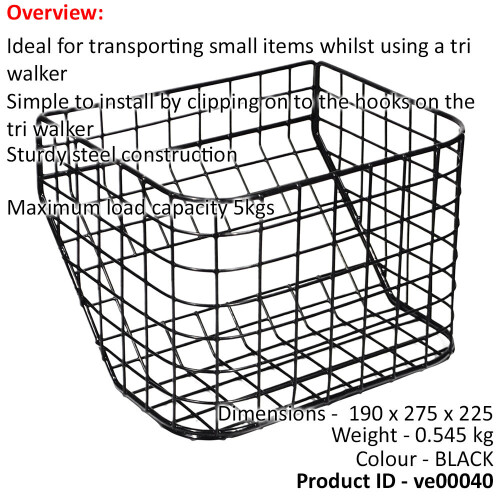 Loops Lightweight Tri-Walker Basket - Sturdy and Removable - Easy Install Max Load 5kg 1