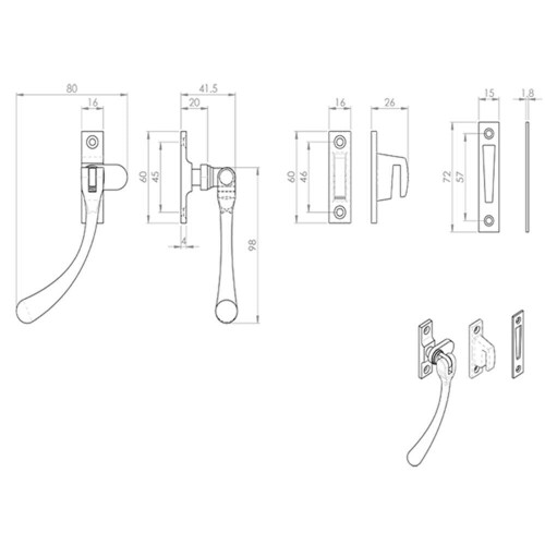 Loops Bulb Ended Casement Window Fastener 98mm Handle 45mm Centres Bronze 2