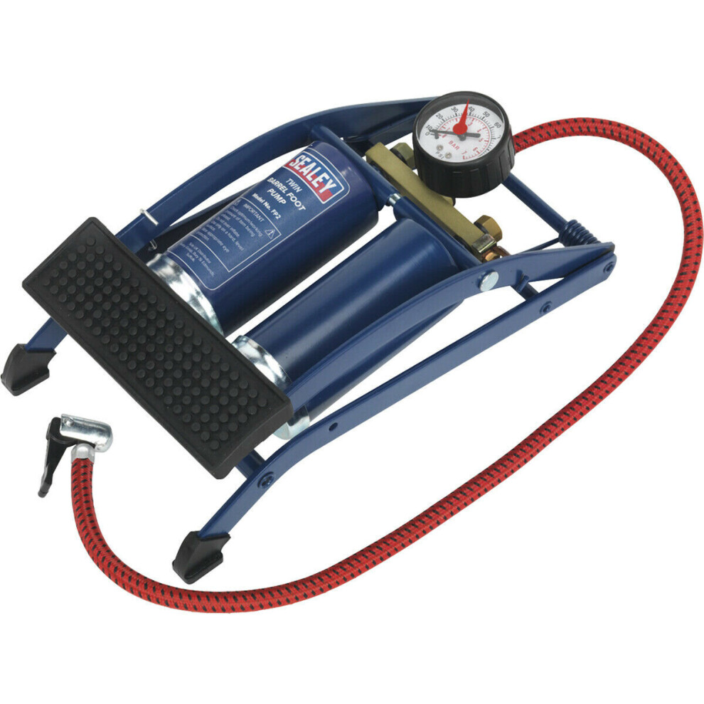 0-100psi Double Barrel Air Foot Pump - Car Tyres Inflatables Football Bicycle