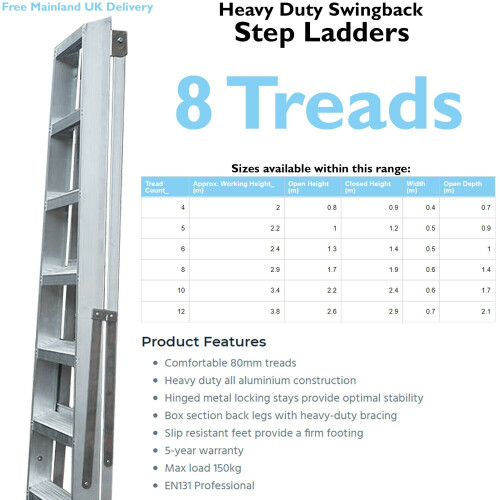 Loops 1.7m Aluminium Swingback Step Ladders 8 Tread Professional Lightweight Steps 1