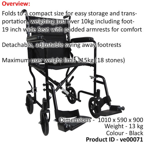 Loops Compact Attendant Propelled Lightweight Aluminium Transit Wheelchair - Black 1