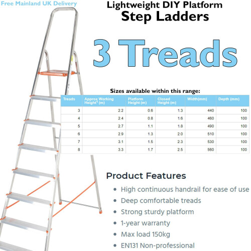 Loops 0.6m Lightweight Aluminium Platform Step Ladders 3 Tread Anti Slip DIY Steps 1