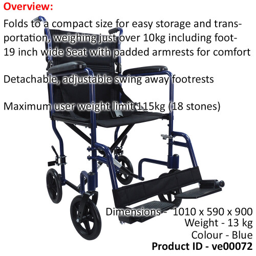 Loops Compact Attendant Propelled Lightweight Aluminium Transit Wheelchair - Blue 1