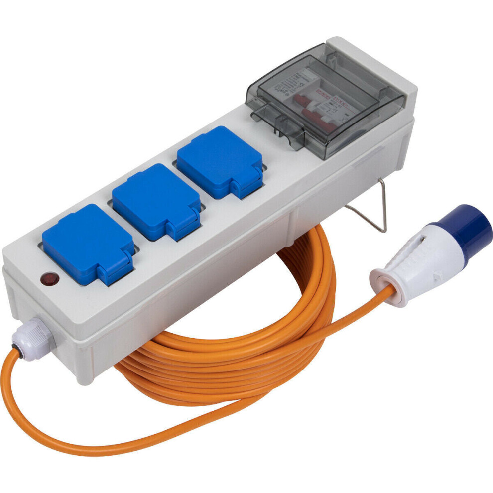 Loops 15M Caravan & Camping Mains Unit With Rcd - 3 X 13A Uk Sockets - 16A 2P+E Plug