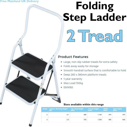 Loops 0.5m Folding Step Ladder Safety Stool 2 Tread Compact Anti Slip Rubber Steps 1