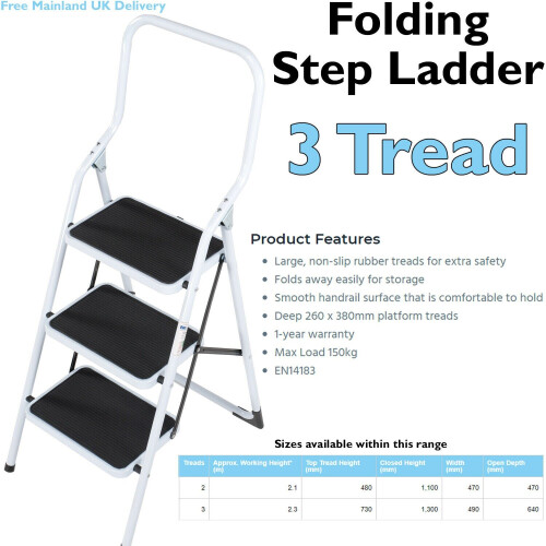 Loops 0.75m Folding Step Ladder Safety Stool 3 Tread Compact Anti Slip Rubber Steps 1