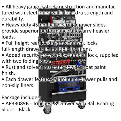 Loops Heavy Duty 15 Drawer Topchest & Rollcab Bundle - 147 Piece Tool Kit - Black 1