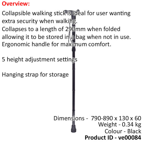 Loops Collapsible Telescopic Right Handed Ergonomic Walking Stick - 5 Height Settings 1