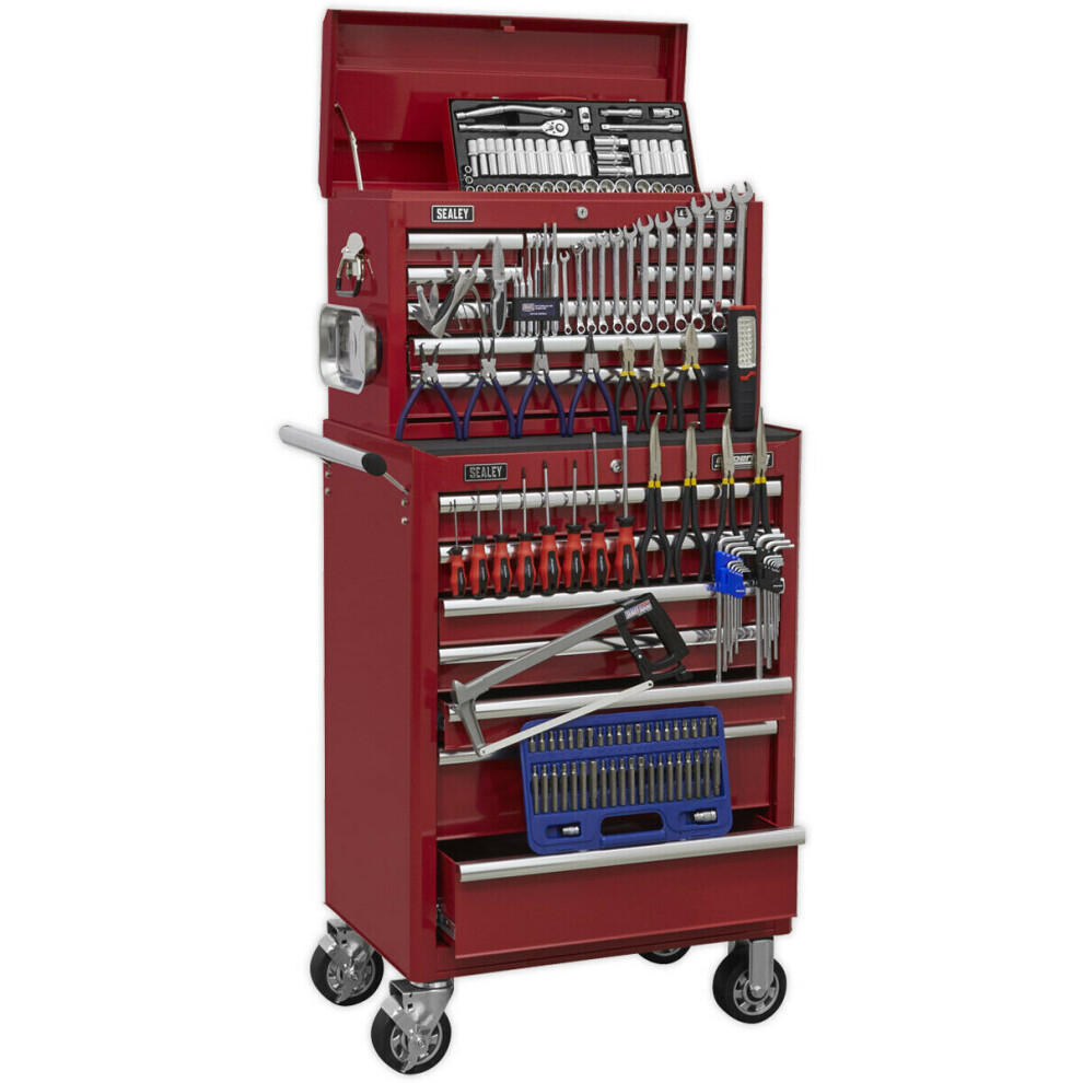Loops Heavy Duty 15 Drawer Topchest & Rollcab Bundle - 147 Piece Tool Kit - Red