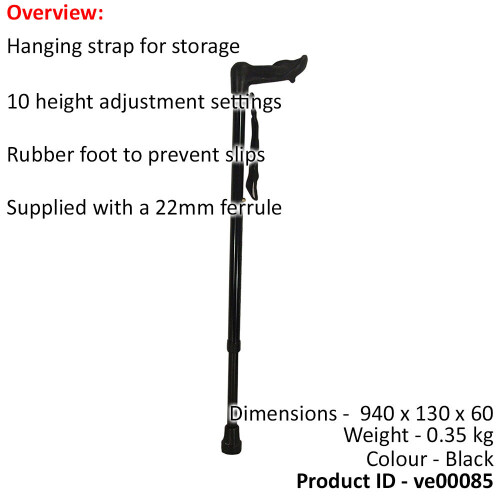 Loops Left Handed Ergonomic Handled Walking Stick - Extendable - 10 Height Settings 1