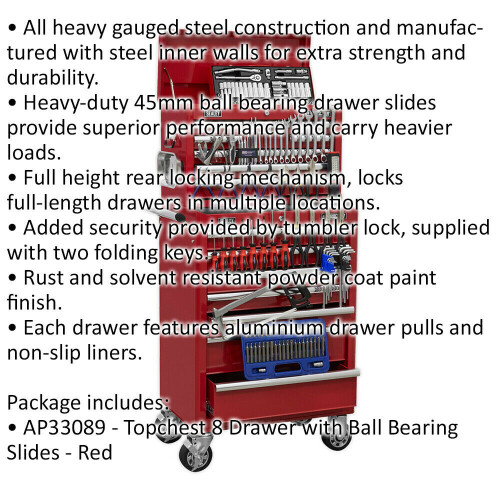 Loops Heavy Duty 15 Drawer Topchest & Rollcab Bundle - 147 Piece Tool Kit - Red 1