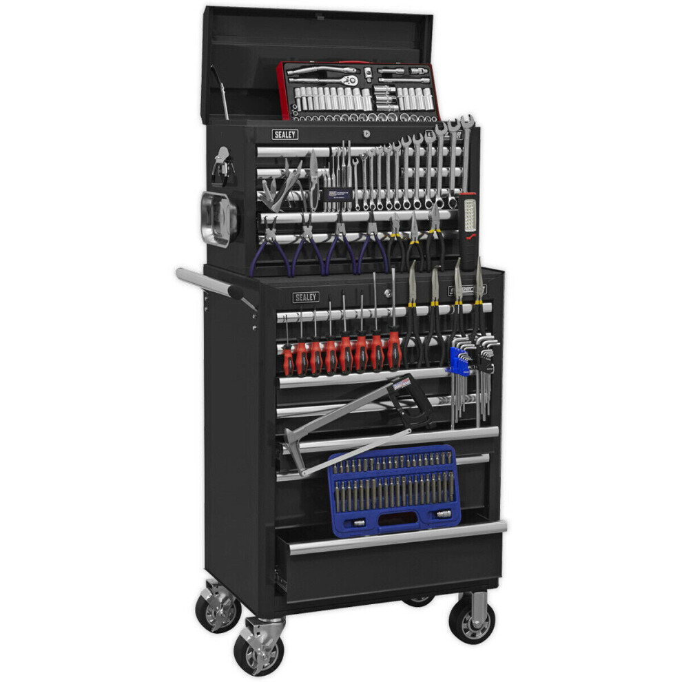 Loops Heavy Duty 15 Drawer Topchest & Rollcab Bundle - 147 Piece Tool Kit - Black