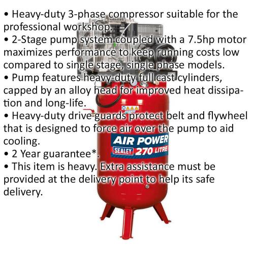 Loops 270 Litre Vertical Belt Drive Air Compressor - 2-Stage Pump - 7.5hp Motor 1