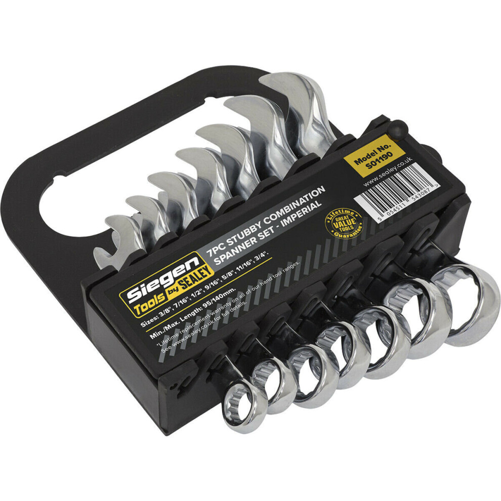 7Pc Stubby Short Handled Combination Spanner Set - 12 Point Imp Ring Open Head