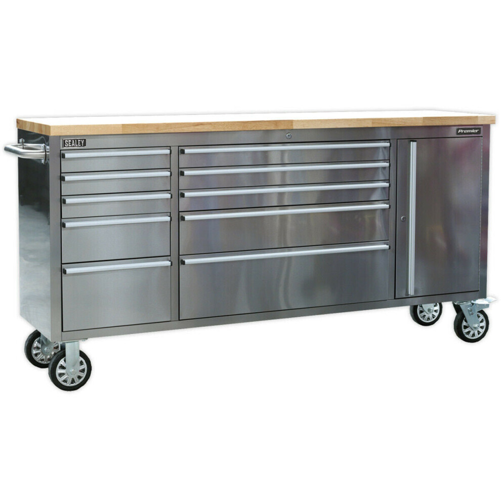 1990 x 490 x 950mm Mobile STAINLESS STEEL Tool Cabinet - 10 Drawer & Cupboard