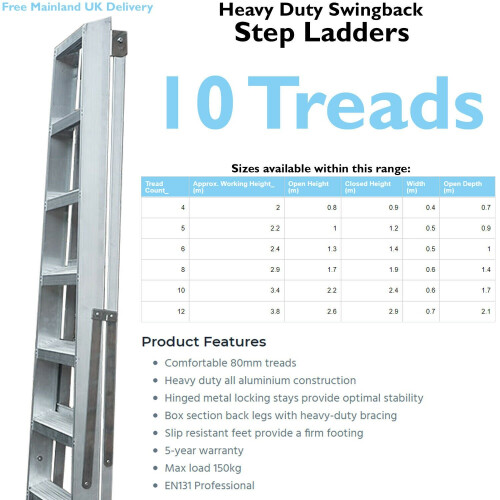 Loops 2.2m Aluminium Swingback Step Ladders 10 Tread Professional Lightweight Steps 1