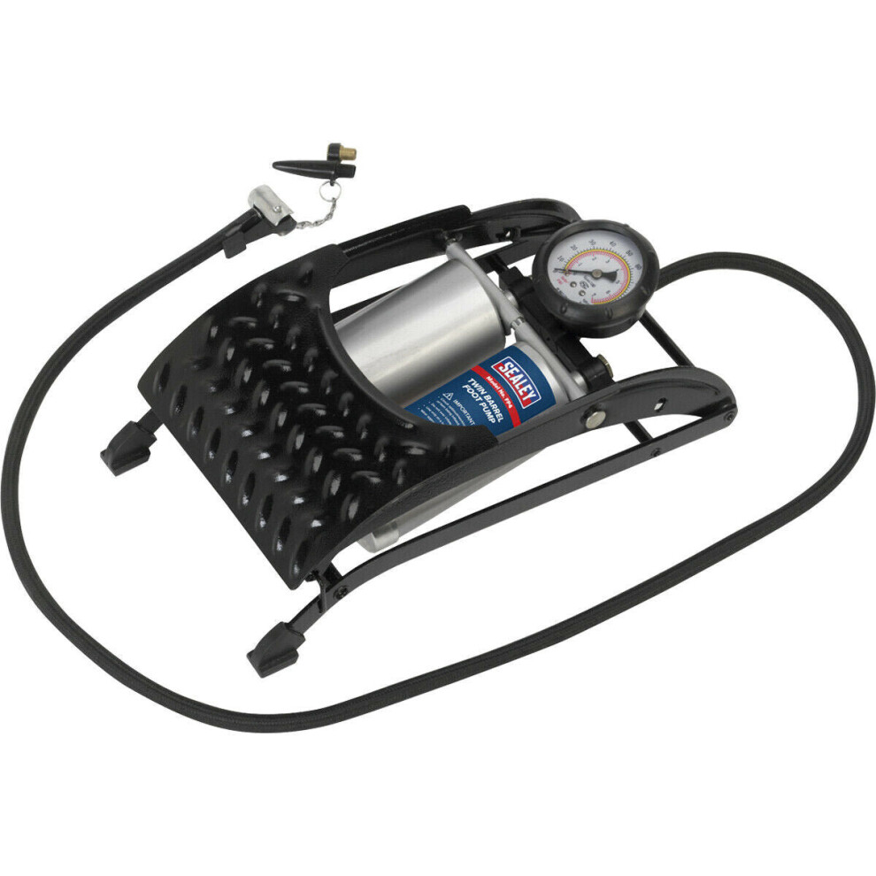Loops 0-100Psi Large Pedal Double Barrel Air Foot Pump - Car Tyres Inflatables Bicycle
