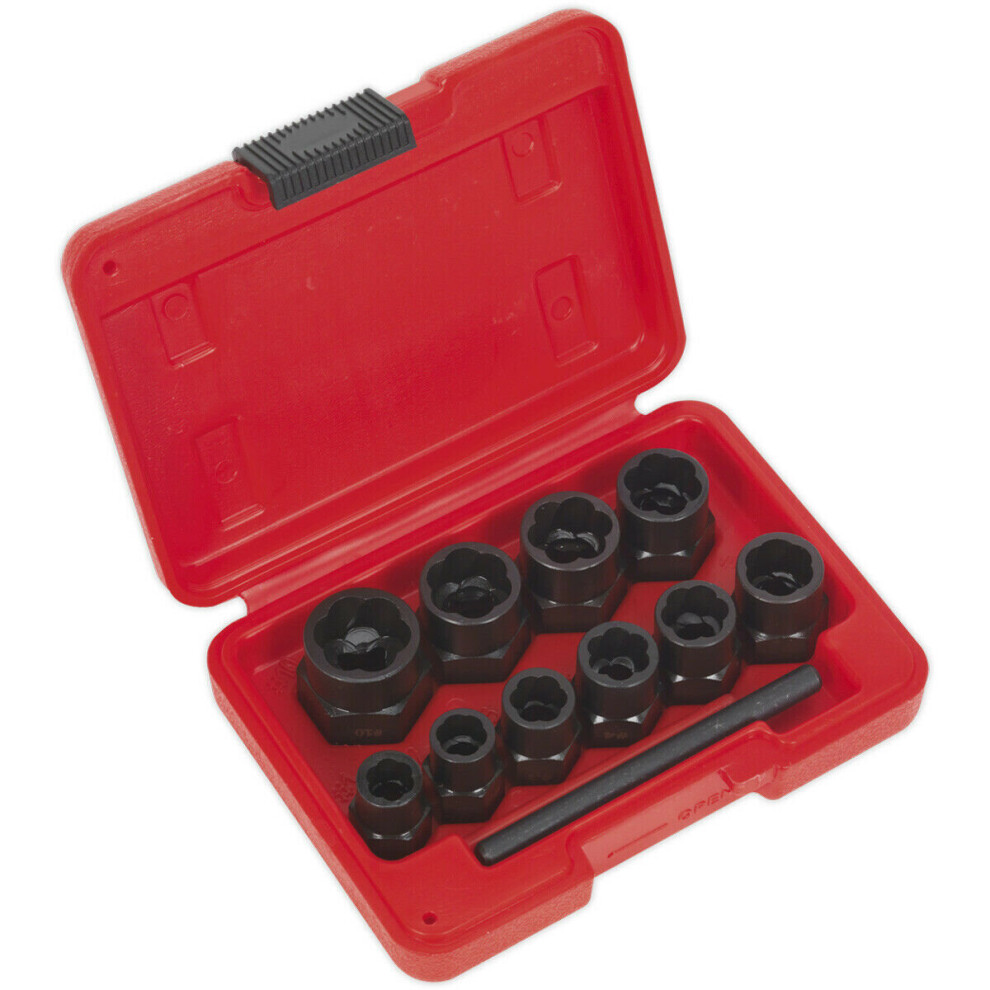 Loops 11 Piece Bolt Extractor Set - 3/8" Sq Drive - Reverse Spiral Flutes - Chromoly