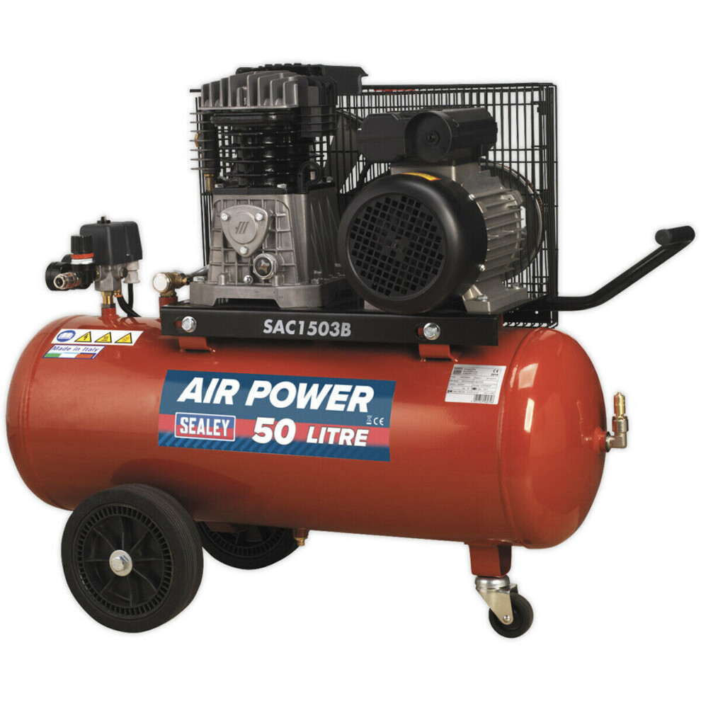 50 Litre Mobile Belt Drive Air Compressor - 3hp Motor - Quick Release Coupling