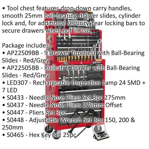 Loops 14 Drawer Topchest & Rollcab Bundle with 239 Piece Tool Kit - Red & Grey 1