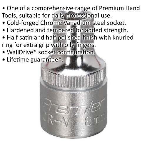 Loops 8mm Steel Drive Socket - 1/2" Square Drive - Chrome Vanadium Wrench Socket 1