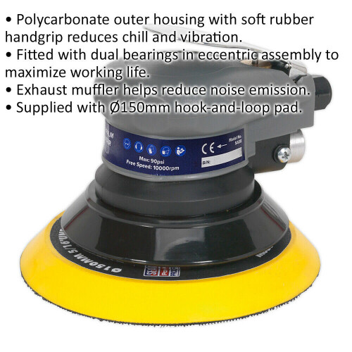 Loops 150mm AIR Palm Sander 5mm Orbital - 1/4" BSP - Variable Speed Hook & Loop Pad 1