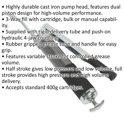 Loops Heavy Duty Twin Piston Grease Gun - 3-Way Fill - Variable Stroke - Rubber Grip 1