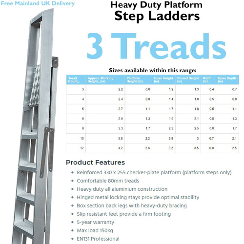 Loops 0.6m Aluminium Platform Step Ladders 3 Tread Home DIY Lightweight Metal Steps 1