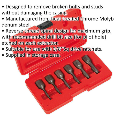 Loops 6 Piece Screw Extractor Set - 3/8" Sq Drive - Reverse Spiral Design - Chromoly 1