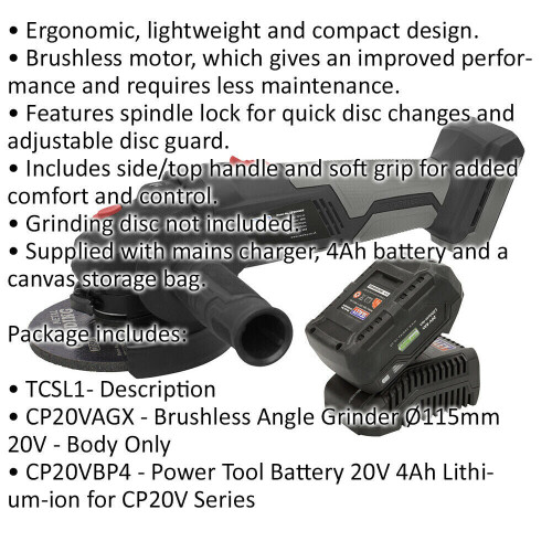 Loops 20V Brushless Angle Grinder Kit - Includes 4Ah Battery & Charger - Storage Bag 1