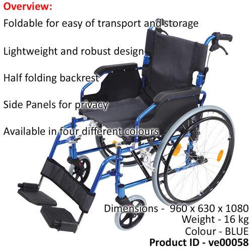 Loops Deluxe Self Propelled Aluminium Wheelchair - Compact Foldable Design - Blue 1