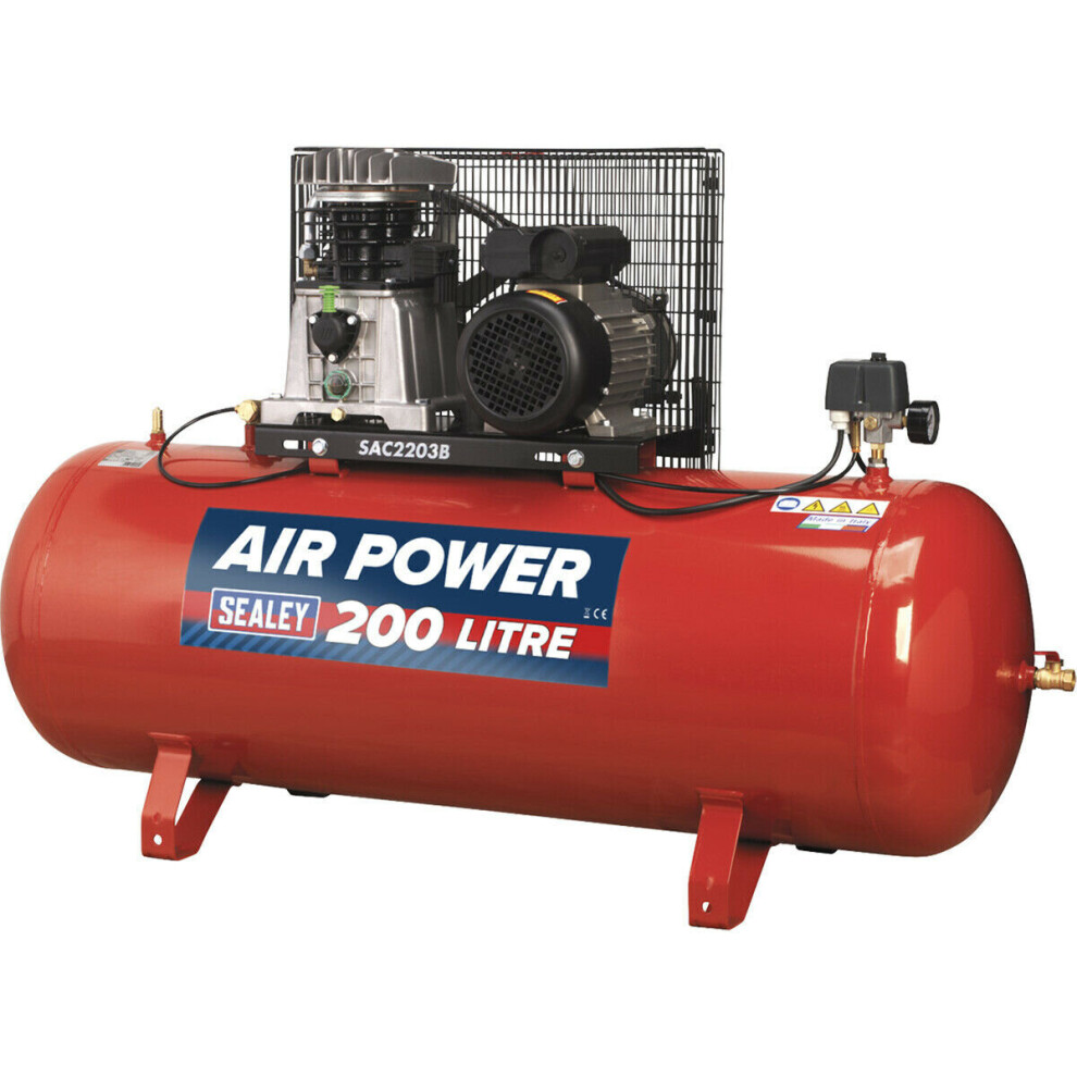 200 Litre Belt Drive Air Compressor - Cast Cylinders - 3hp Motor - Single Phase