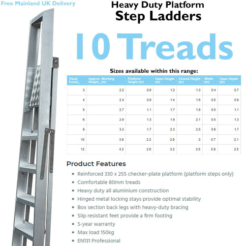 Loops 2.2m Aluminium Platform Step Ladders 10 Tread 3.8m Work Height HEAVY DUTY Steps 1
