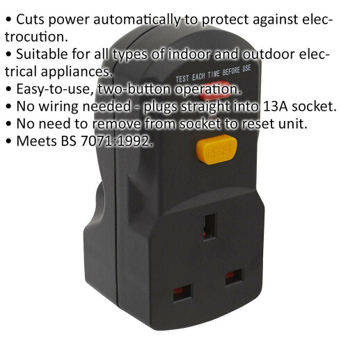 Loops Single 230V Socket RCD Safety Adaptor - 2990W Max Load - Cut Out Protection 1