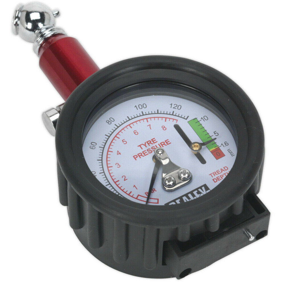 120psi Premium Tyre Pressure Gauge & Tread Depth Reader - 45Ã Angled Chuck Plug