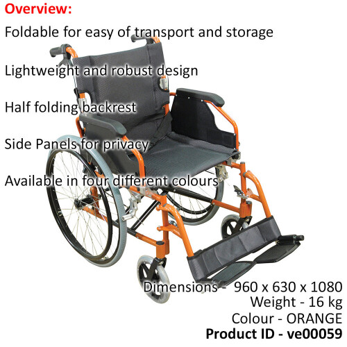 Loops Deluxe Self Propelled Aluminium Wheelchair - Compact Foldable Design - Orange 1