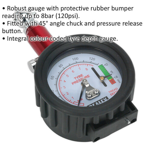 Loops 120psi Premium Tyre Pressure Gauge & Tread Depth Reader - 45Â Angled Chuck Plug 1