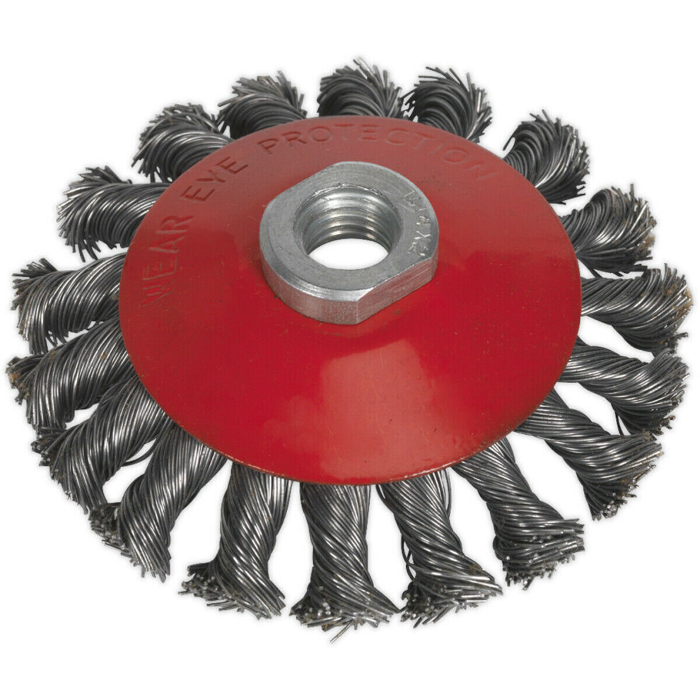 100mm Conical Wire Brush - Twisted Steel - M10 x 1.5mm - Up to 12500 rpm