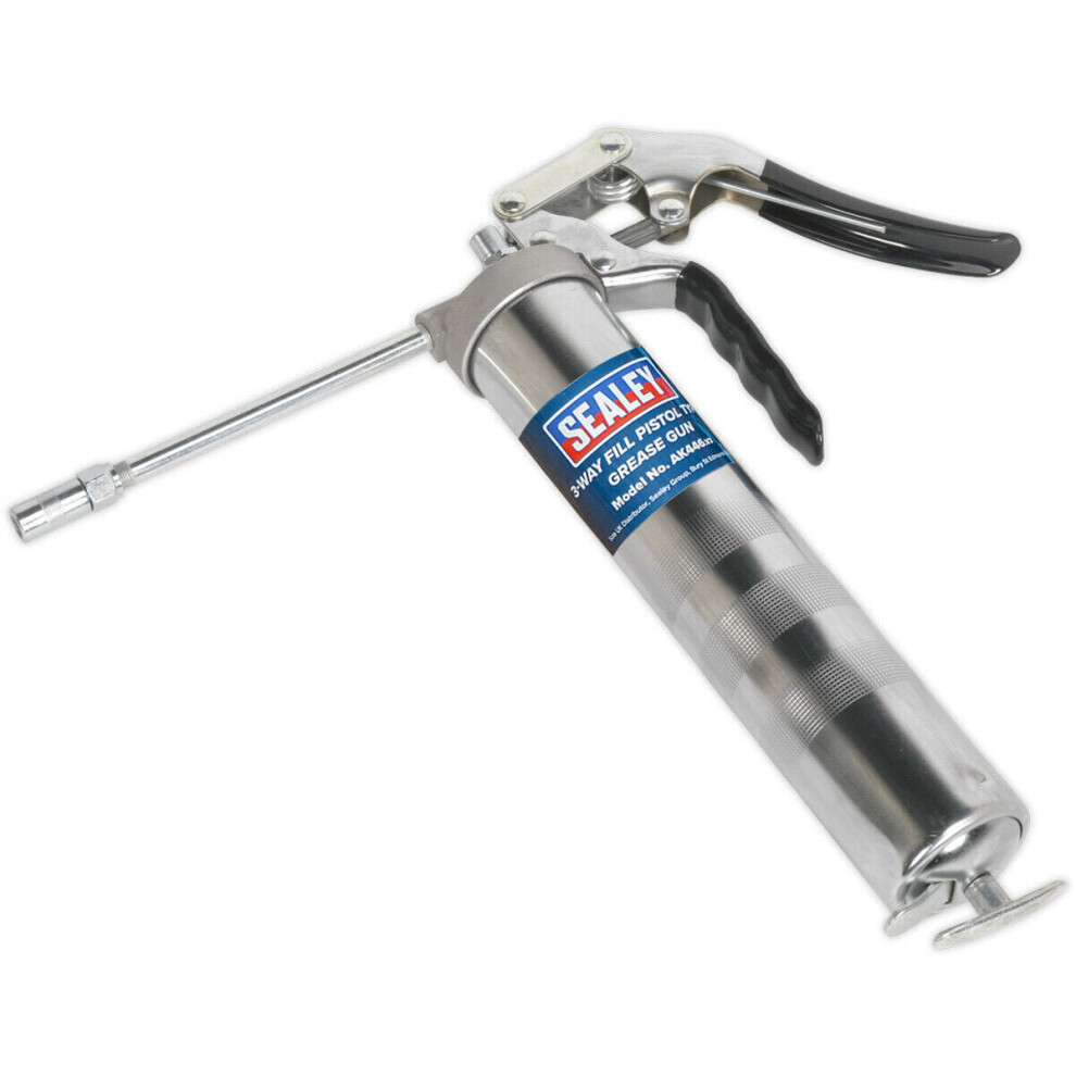 Pistol Type Grease Gun - 3-Way Fill - Rigid Delivery Tube - Die-Cast Pump Head