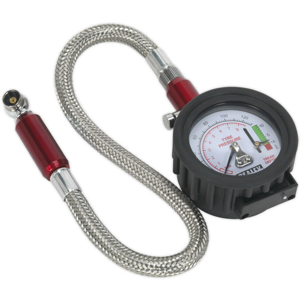 120psi Premium Tyre Pressure Gauge & Tread Depth Reader - 335mm Armoured Hose