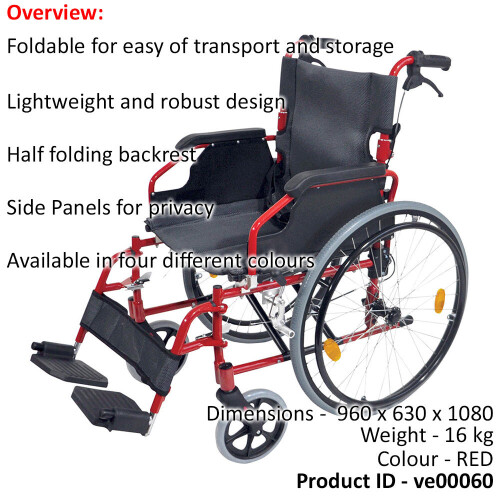 Loops Deluxe Self Propelled Aluminium Wheelchair - Compact Foldable Design - Red 1