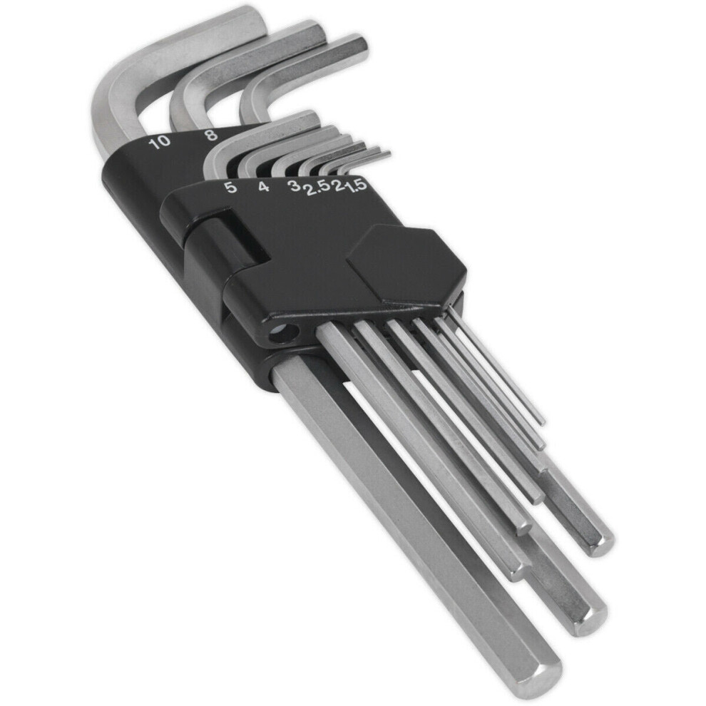 9 Piece Long Hex Key Set - 79-180mm Length - 1.5mm to 10mm Size - Hardened Steel